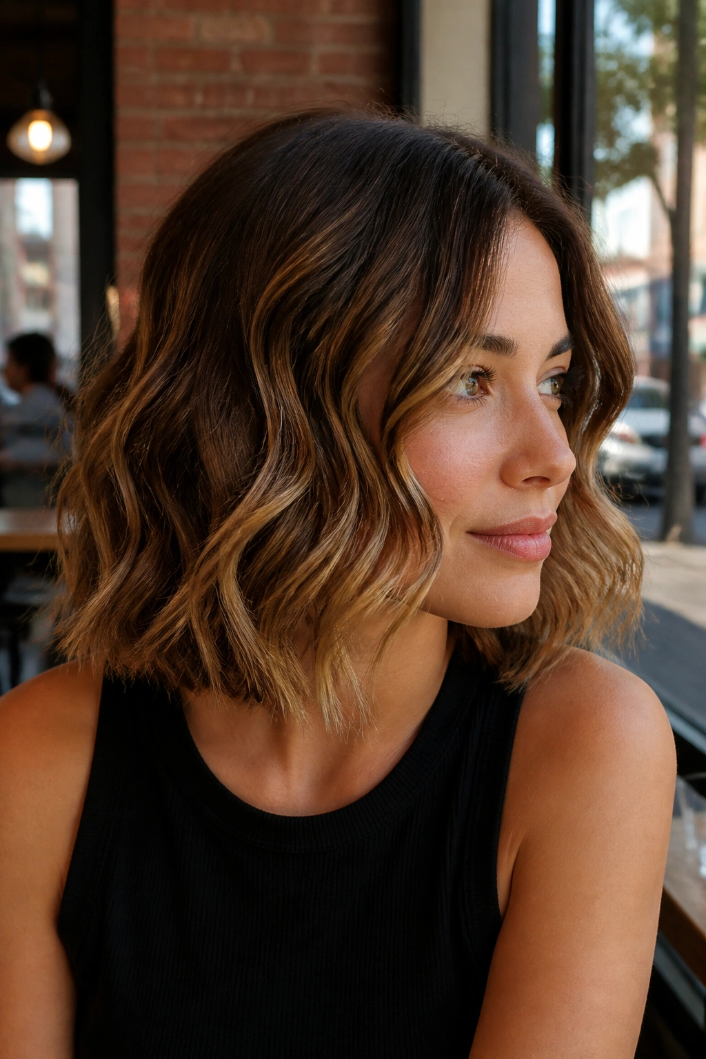 Portrait of a woman with soft bend waves on bob-length hair in a sunlit cafe setting