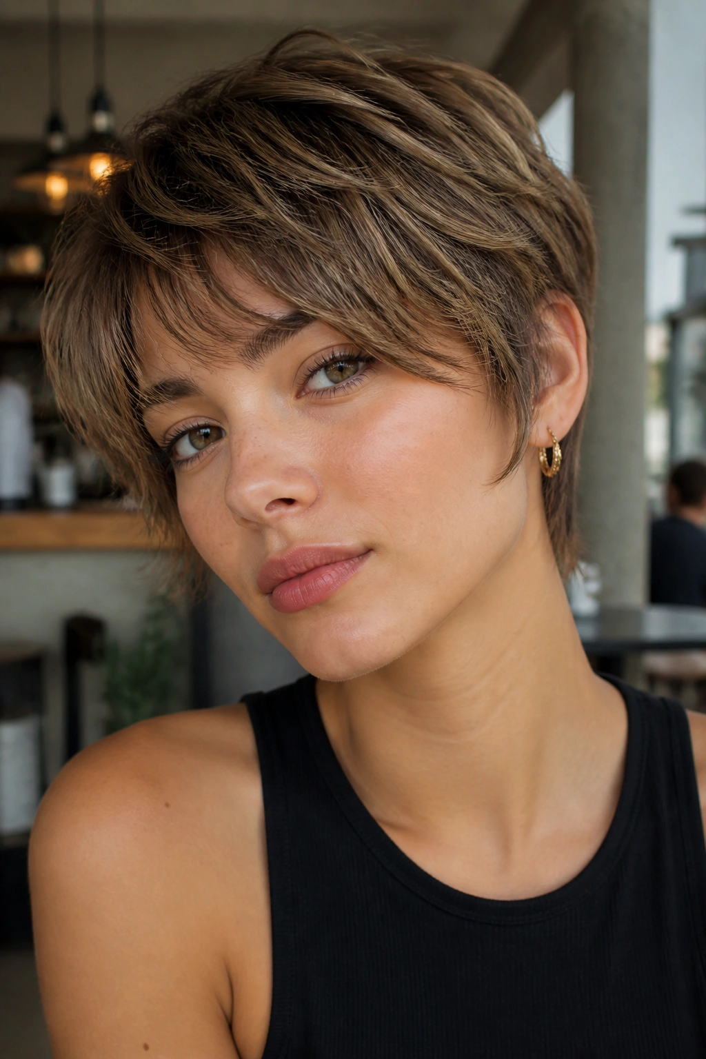 Portrait of a person with a soft bixie haircut