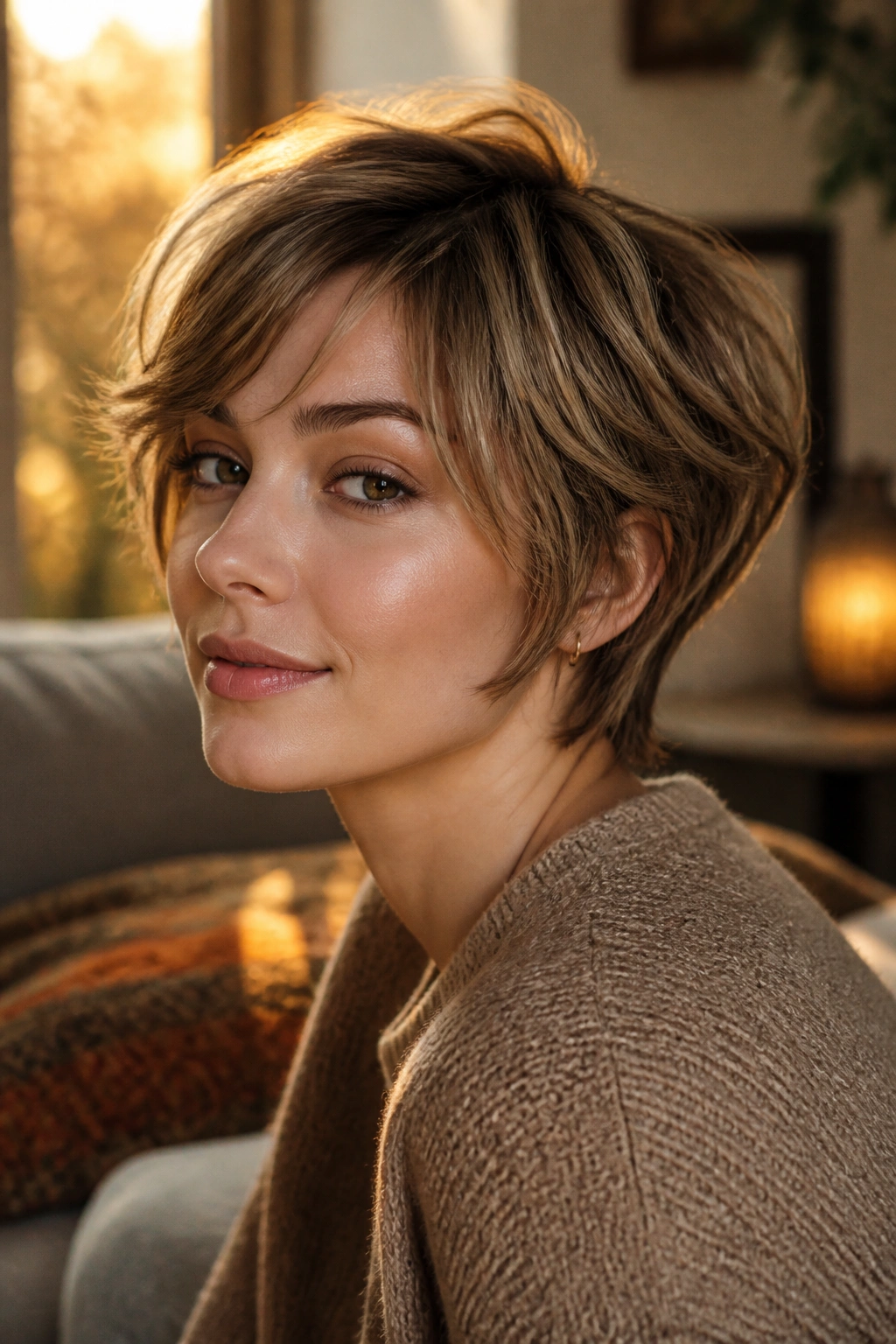 Close-up portrait of a real woman with a soft bixie hairstyle in cozy autumn interior