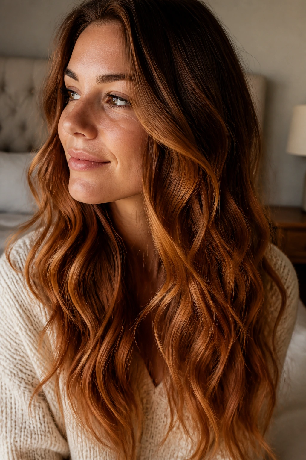 Close-up of a real woman with golden auburn balayage on wavy hair catching warm window light