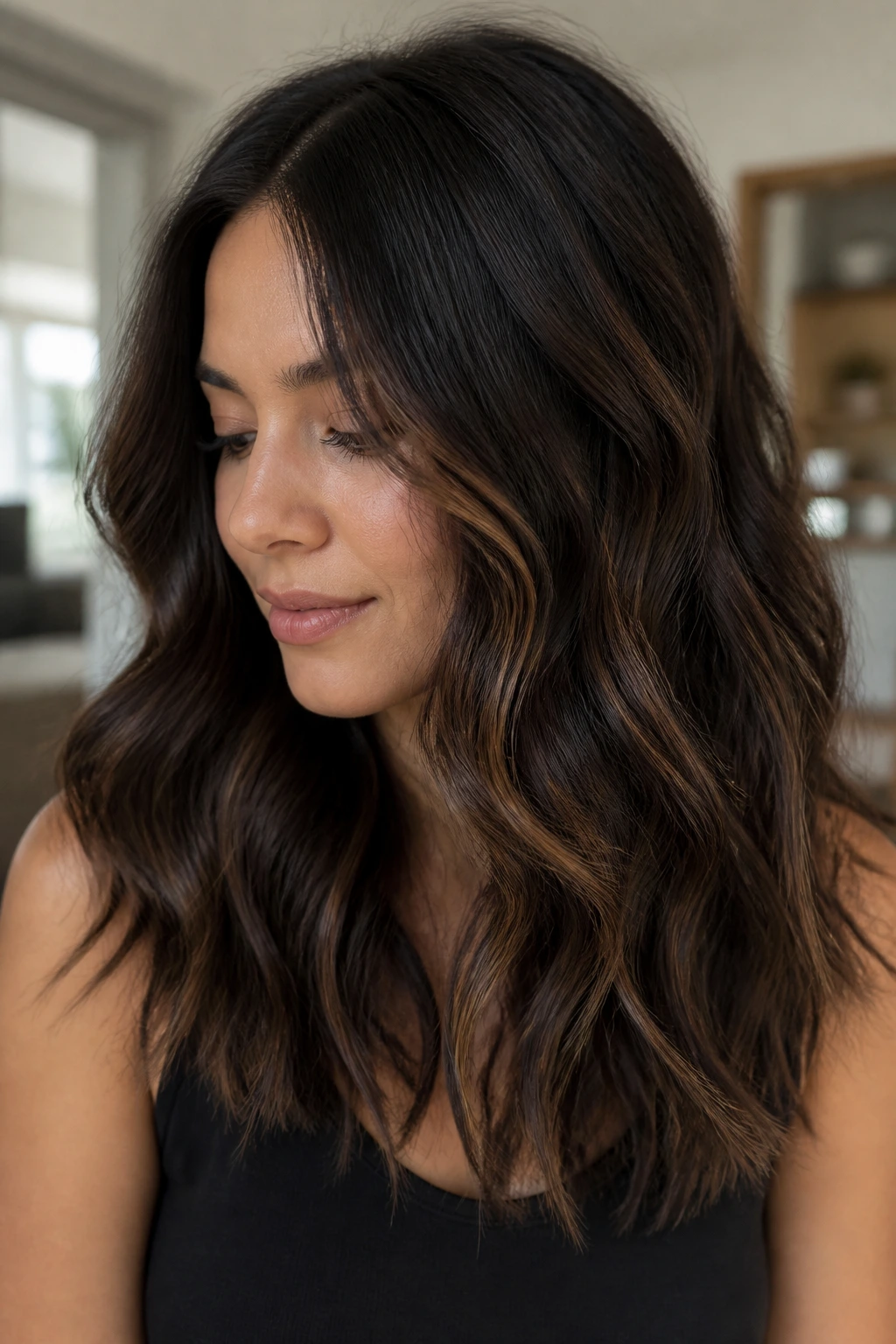 Close-up of a real person with soft black hair and mocha ribbons woven through the waves