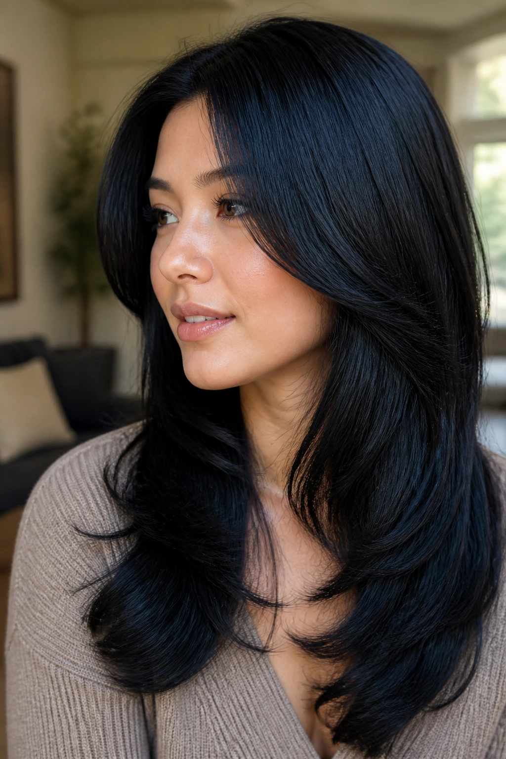 Close-up of a real woman with soft black hair and blue-black shine highlighting reflective depth.