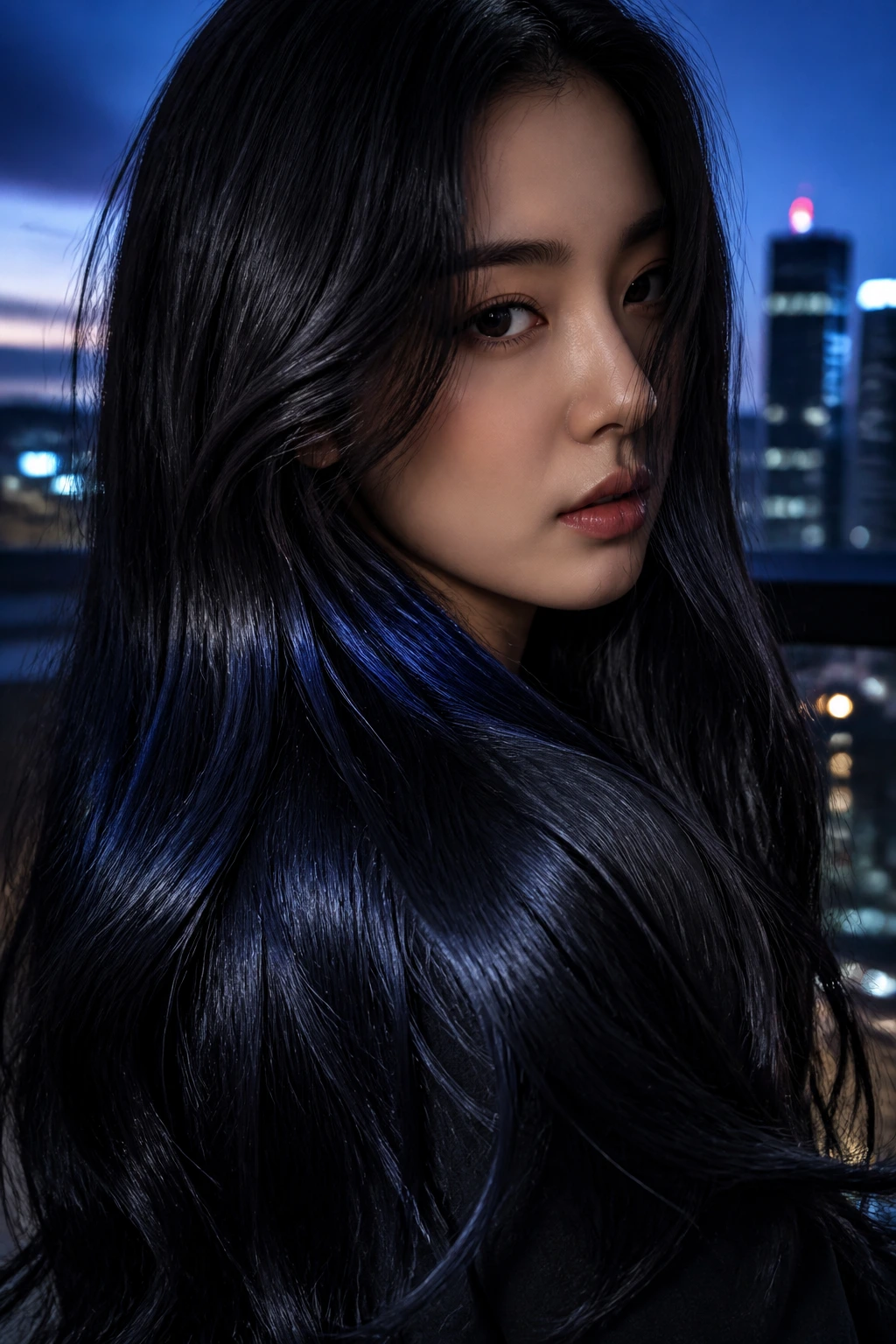 Close-up of a real woman with soft black hair and blue sheen at dusk