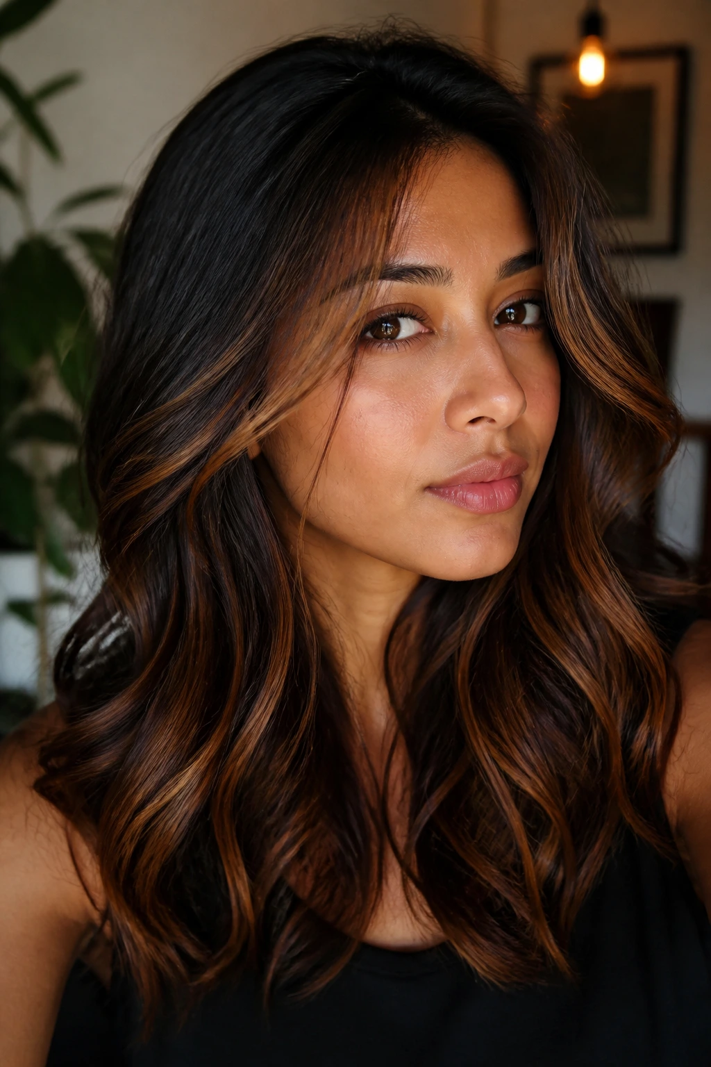 Close-up of soft black brown hair with cinnamon highlights in warm interior light