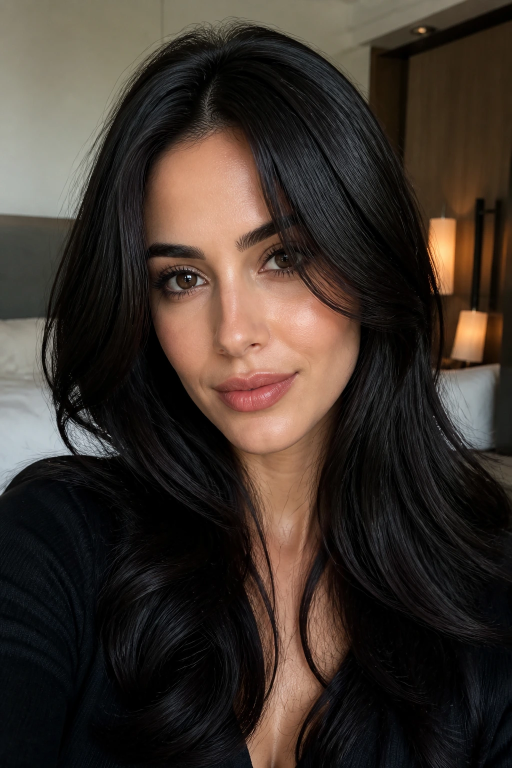 Close-up of a woman with soft black-brown hair and glossy finish