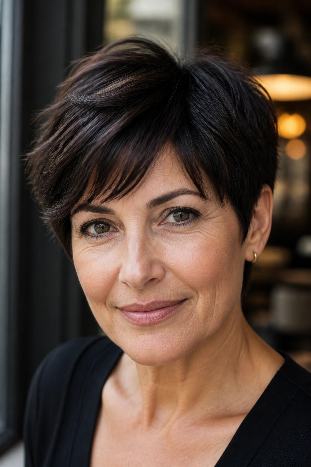 Portrait of a woman with soft black-brown short hair and defined fringe.