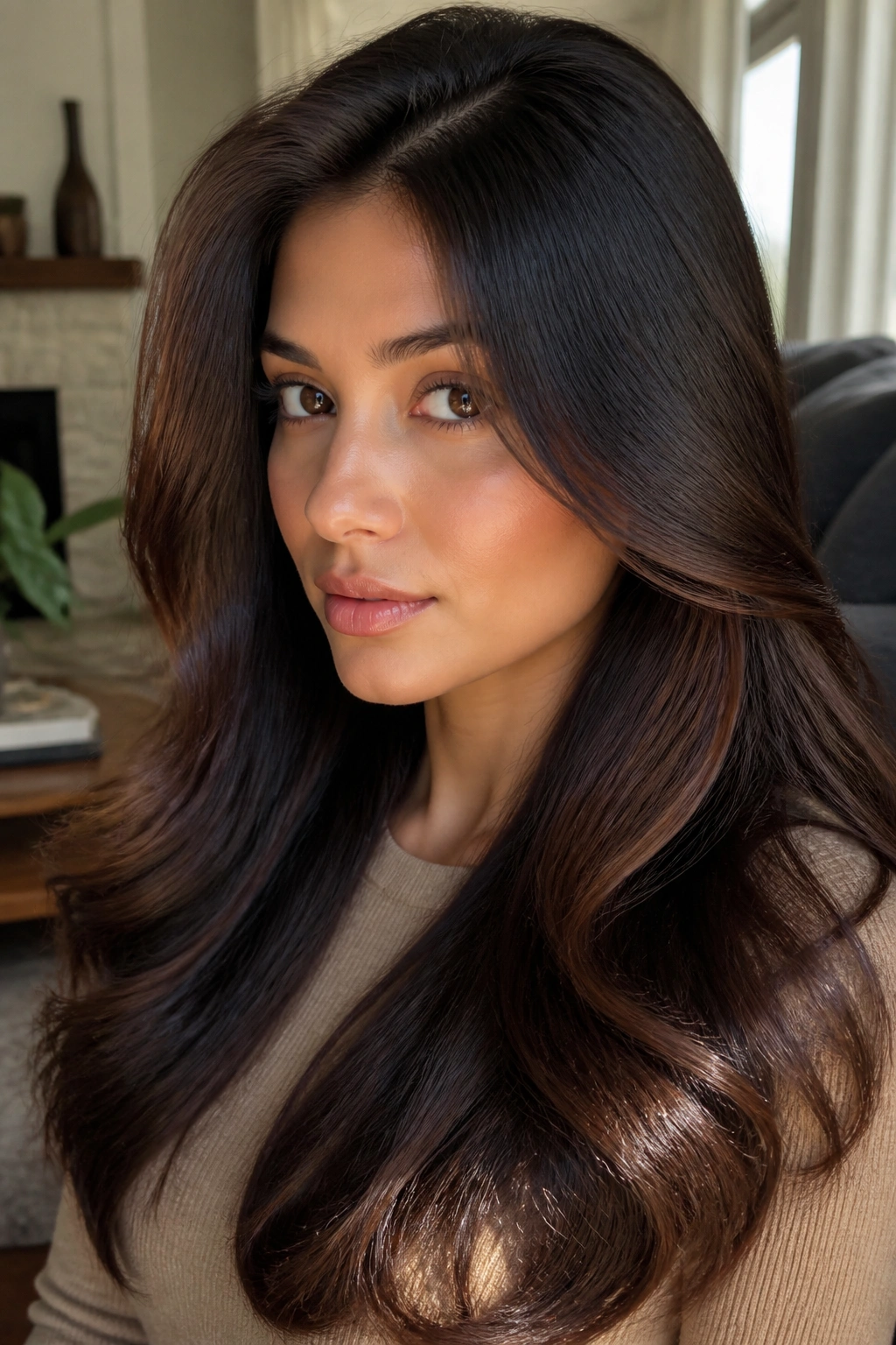 Close-up of real woman with soft black hair and cinnamon gloss