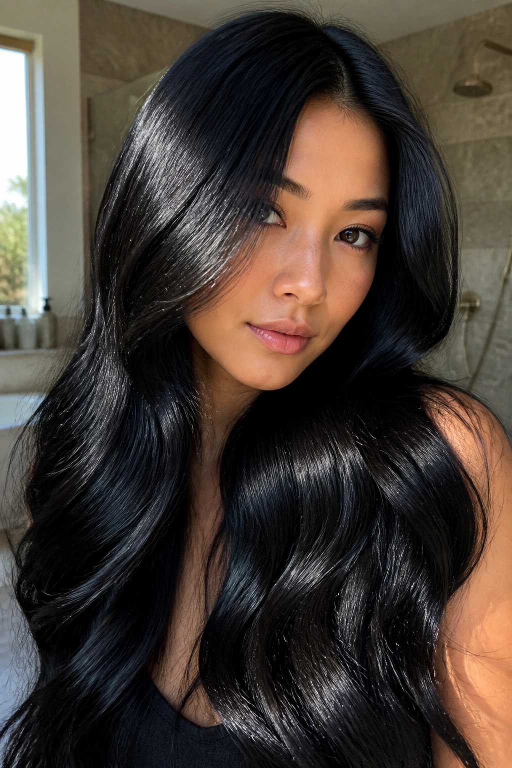 Close-up of a real person with soft black gloss hair showing blue-black reflections