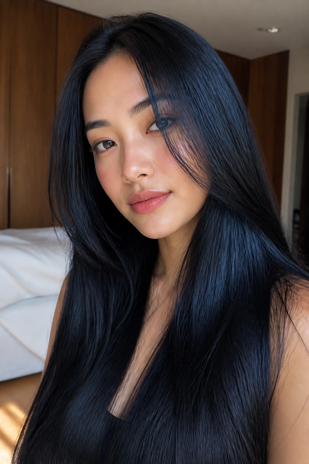 Close-up of long soft black hair with blue-black shine on a real woman in a sunlit bedroom