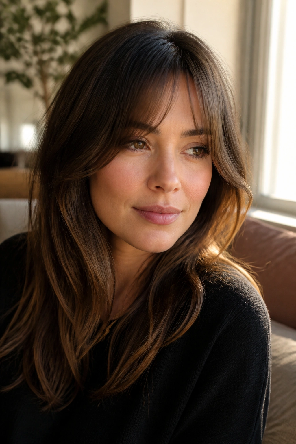 Close-up of a real woman with a soft blended fringe blending into side hair