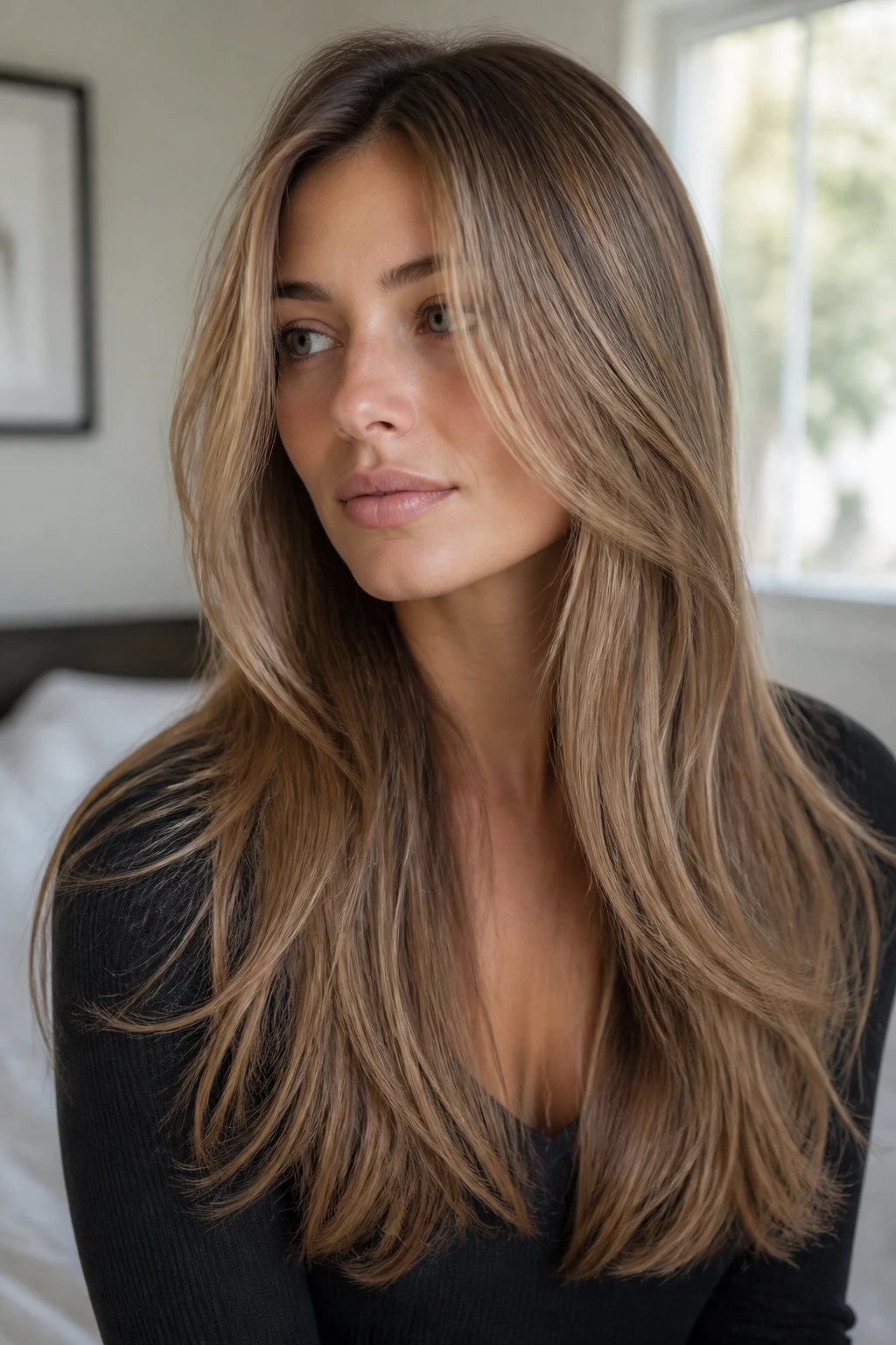 Close-up of a real woman with fine long hair and soft blended layers starting low