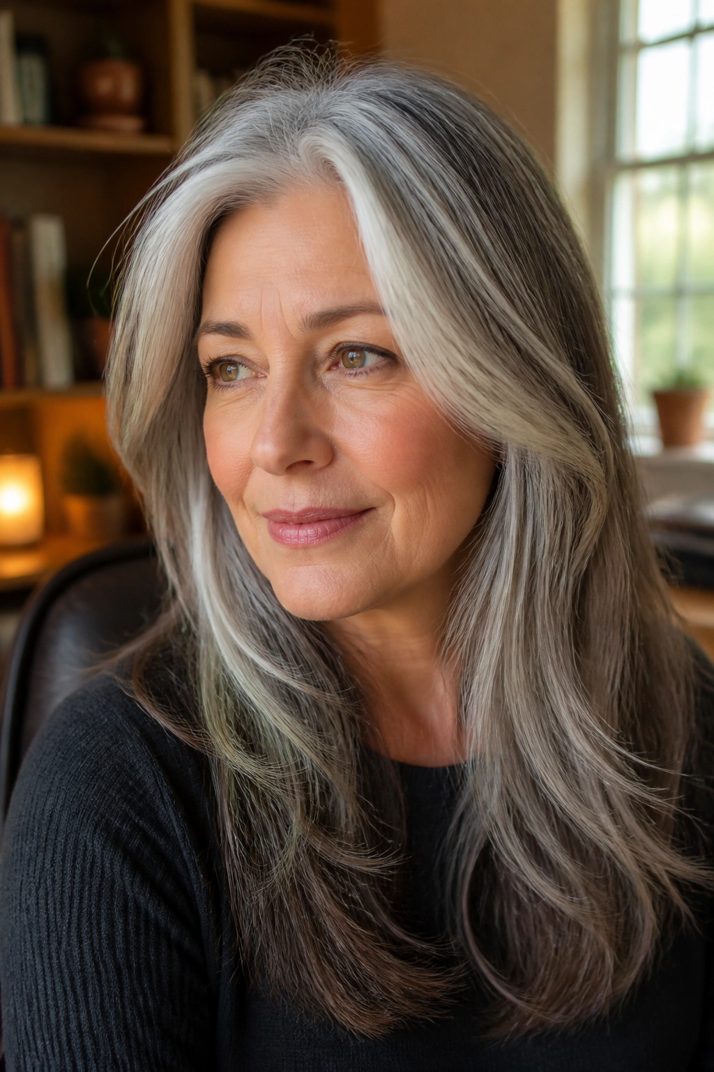 Real woman with soft blended layers for growing out salt and pepper hair