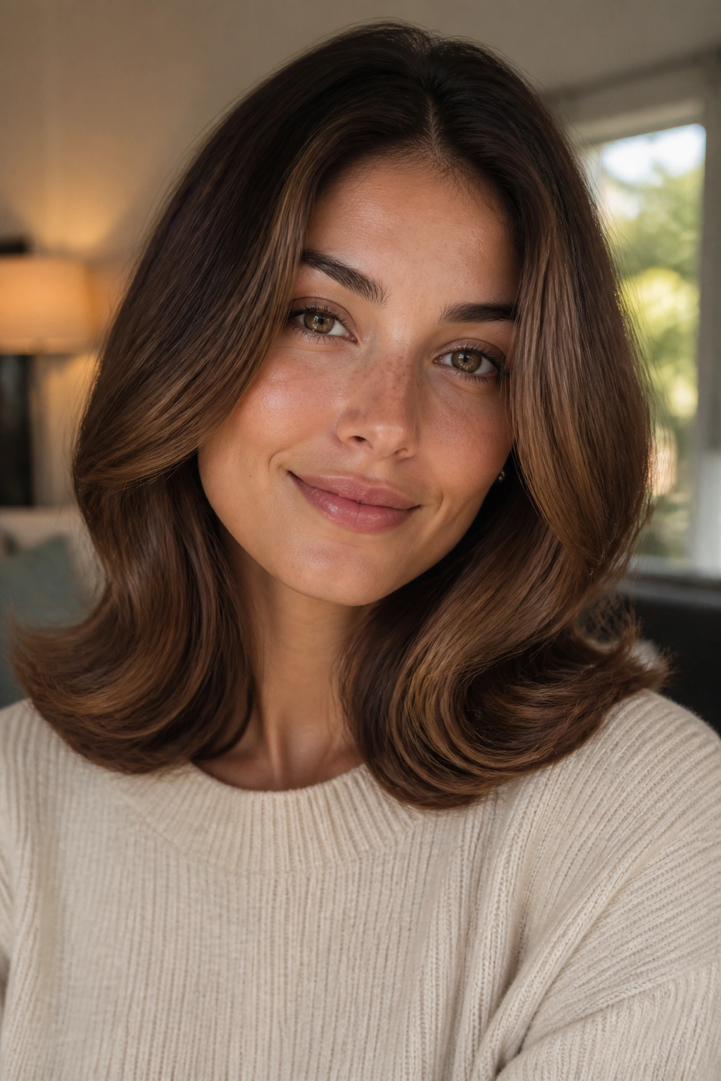 Close-up of glossy soft blowout bends on mid-length hair