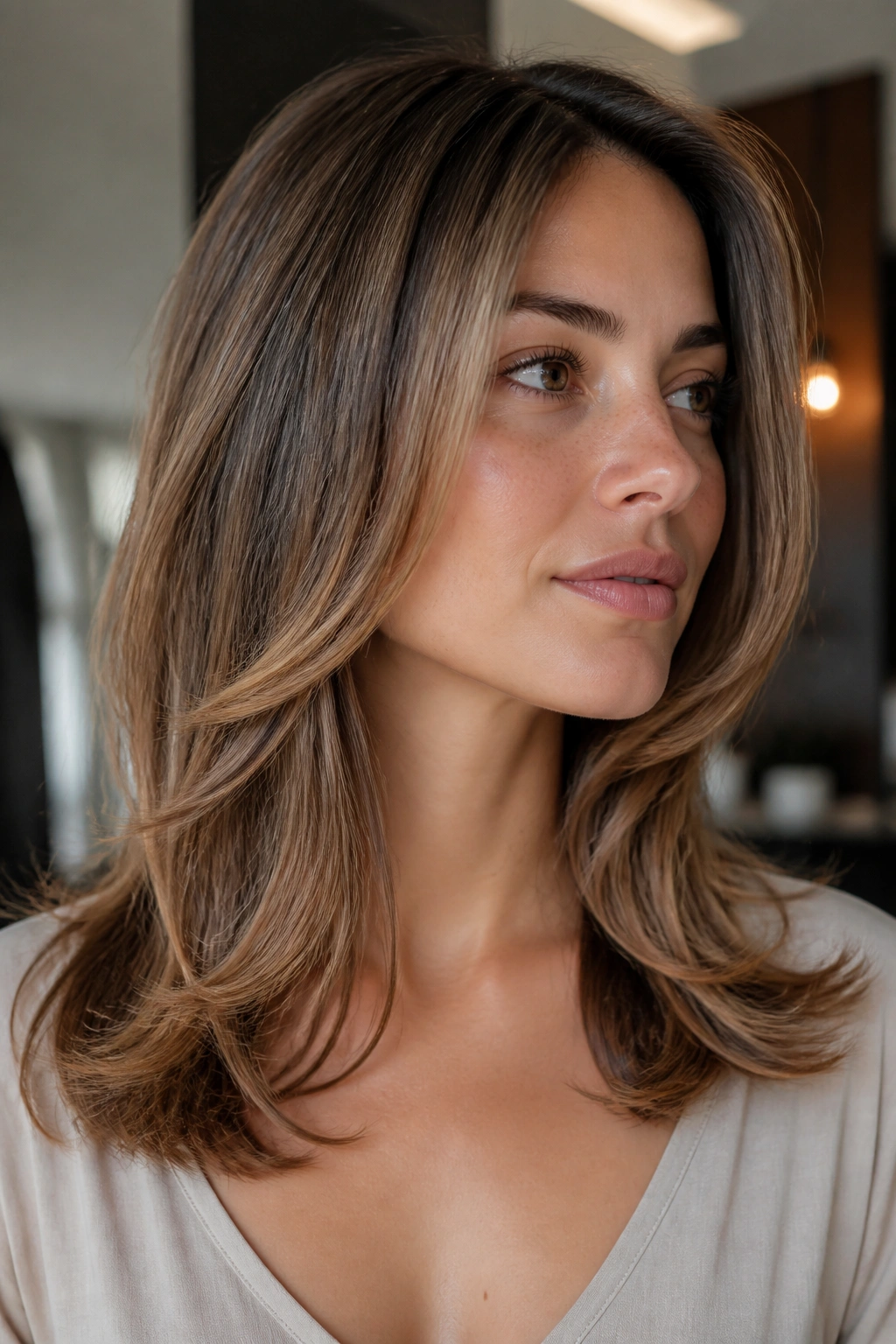 Close-up of a real woman with a soft blowout and curved ends