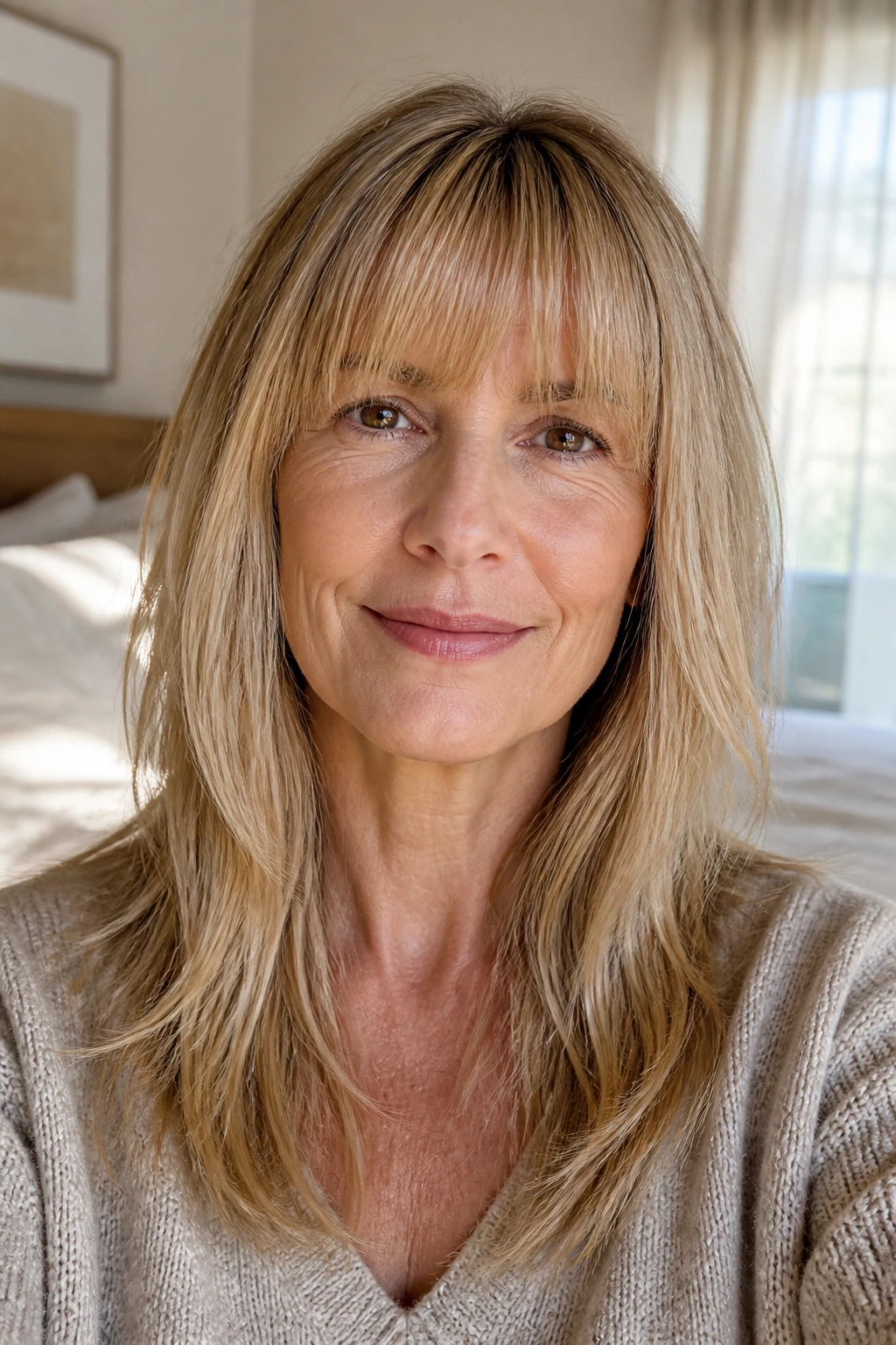 Woman with soft blunt bangs in warm window light