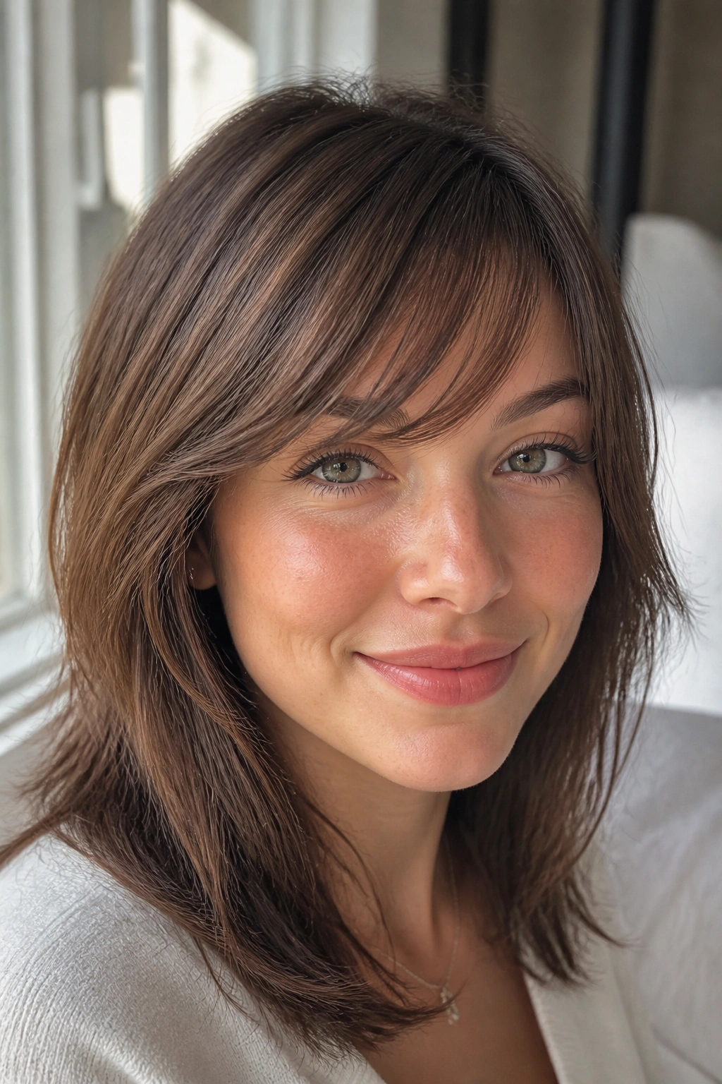 Close-up of a real woman with soft blunt side bangs and feathered ends in warm window light