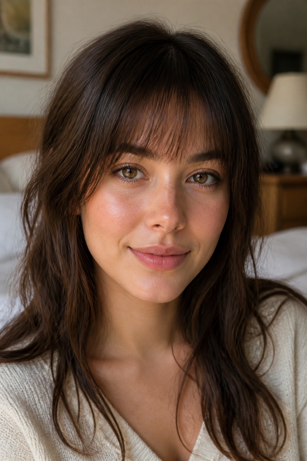 Real woman with soft blunt bangs tapered with point-cutting in a bright room