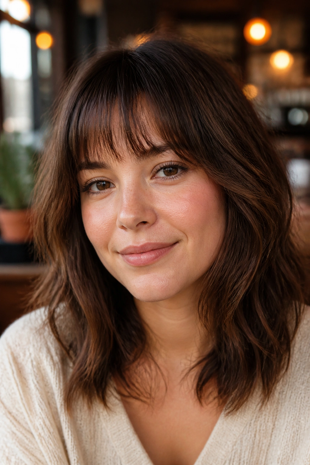 Close-up portrait of a real woman with soft blunt bangs and textured ends