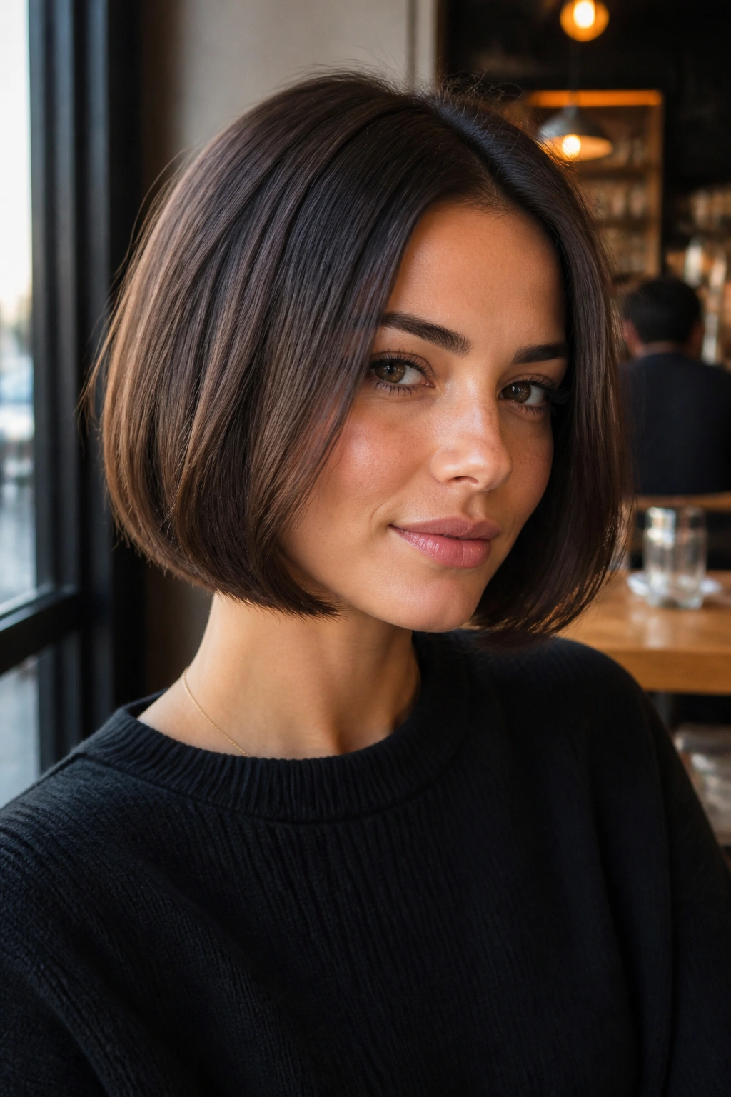 Close-up of a real woman with a soft blunt bob and polished ends in cafe-window light