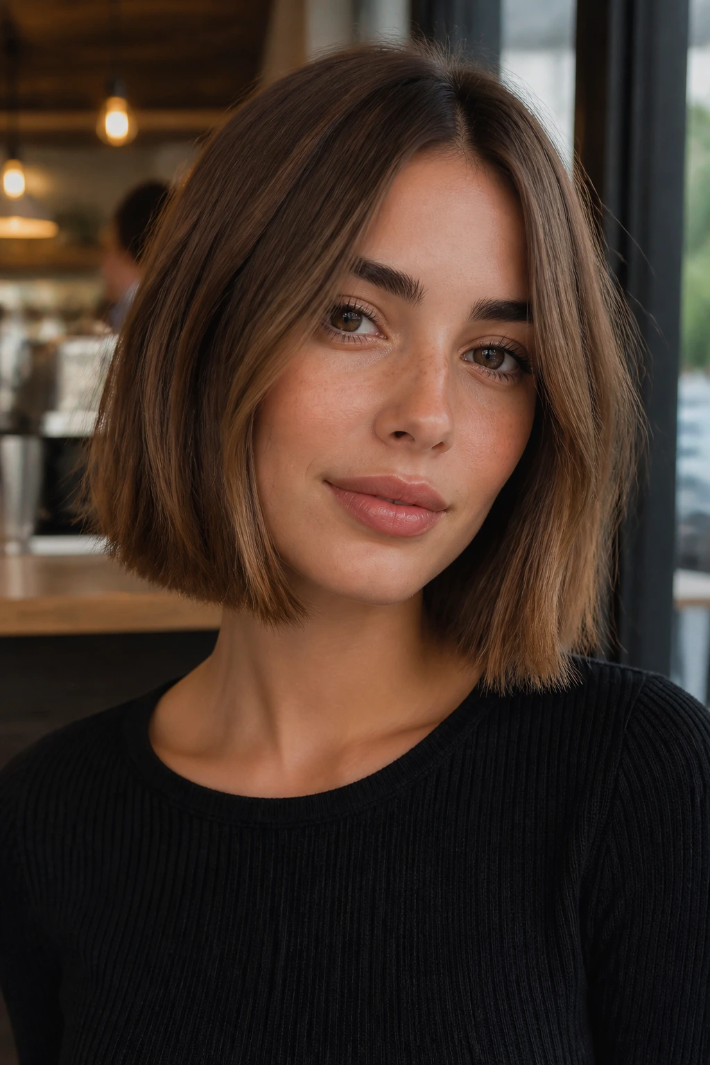 Close-up portrait of a real woman with a soft blunt-cut bob hairstyle
