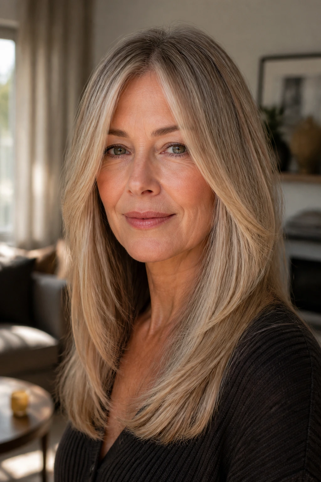 Woman with soft blunt cut and face-framing layers in warm window light