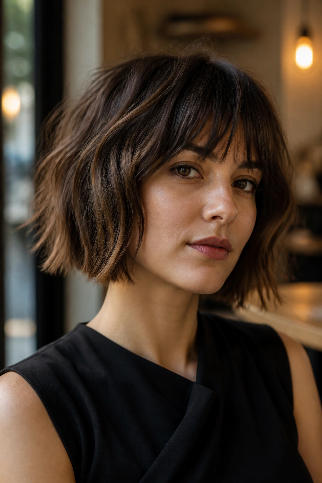 Portrait of a real person with a soft blunt shaggy bob showing subtle internal texture
