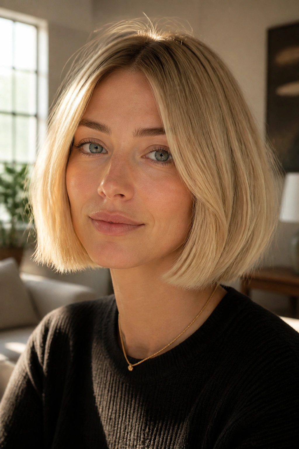 Close-up portrait of a real woman with a soft blunt Swedish bob in warm natural light