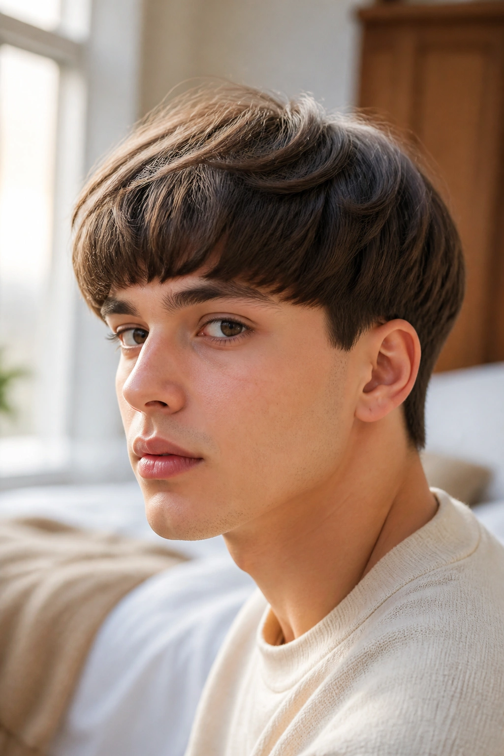 Close-up portrait of a real person with a soft bowl cut featuring rounded silhouette and soft fringe.