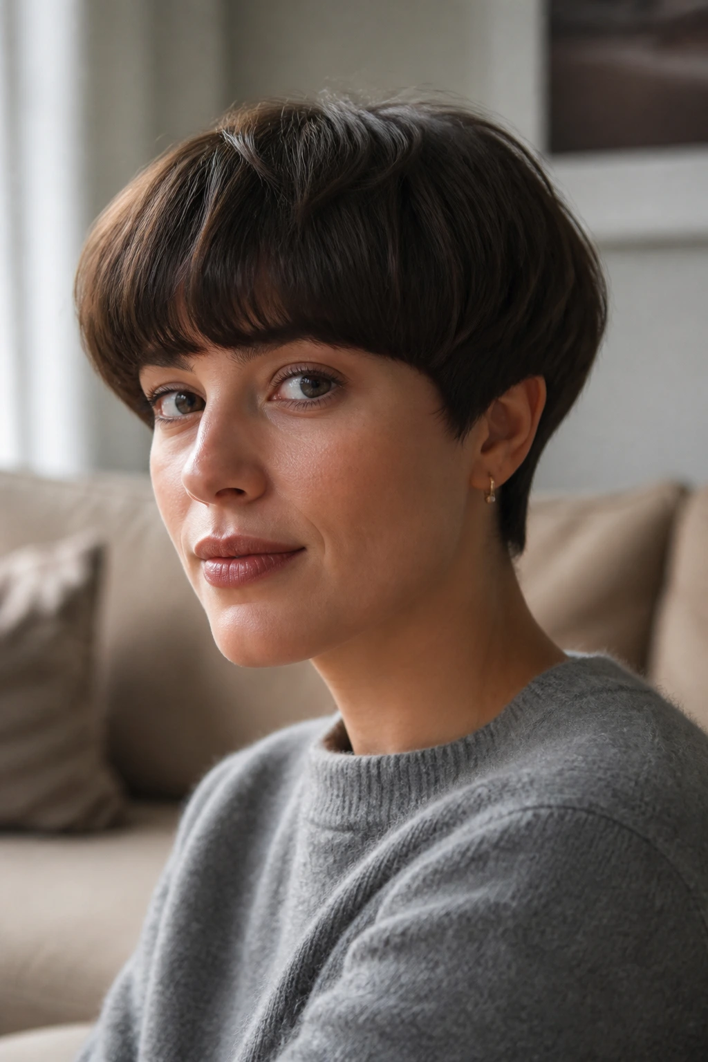 Close-up of a woman wearing a soft bowl cut.