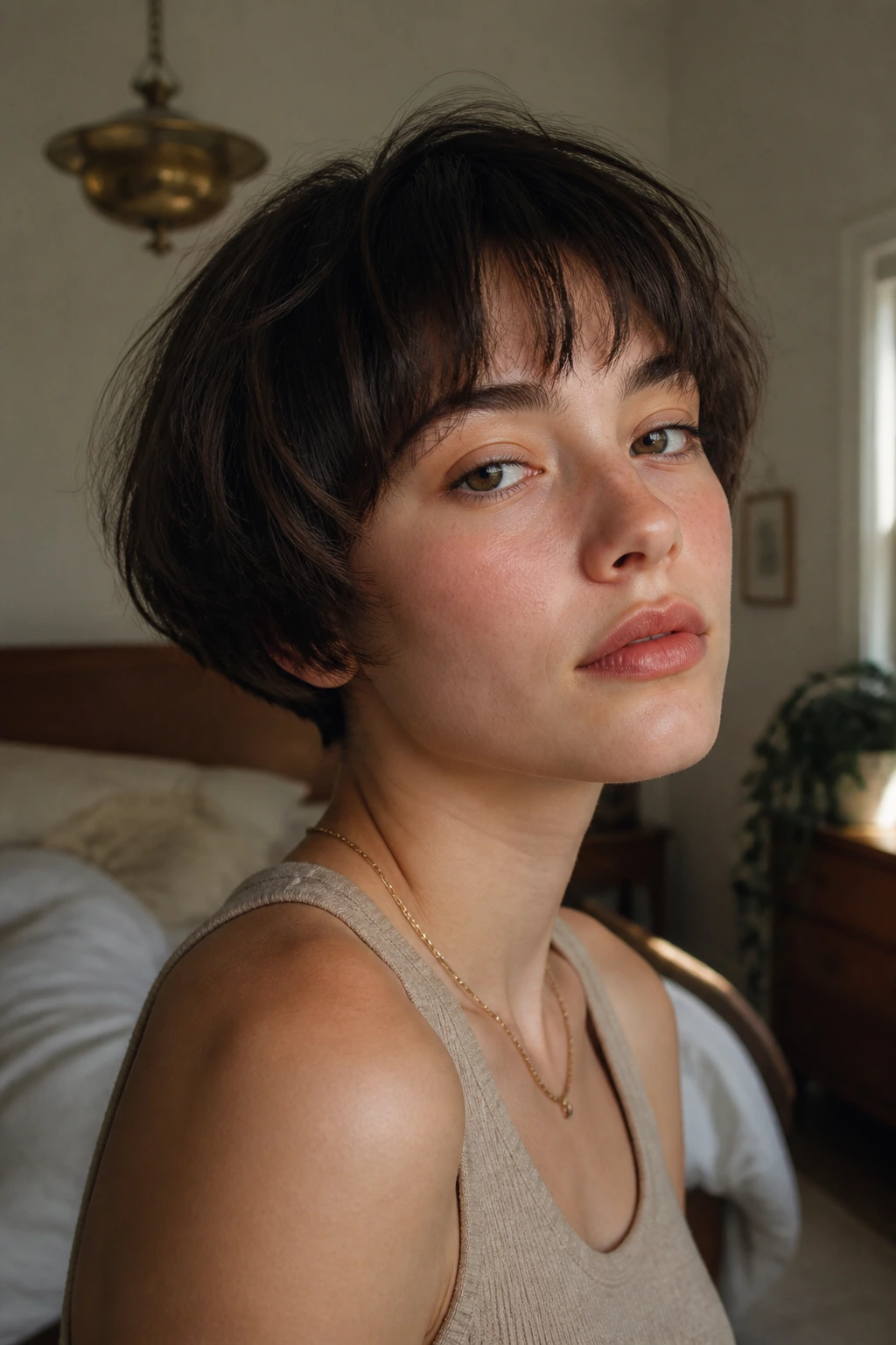 Close-up of a real woman with a soft rounded bowl cut and textured fringe in warm light