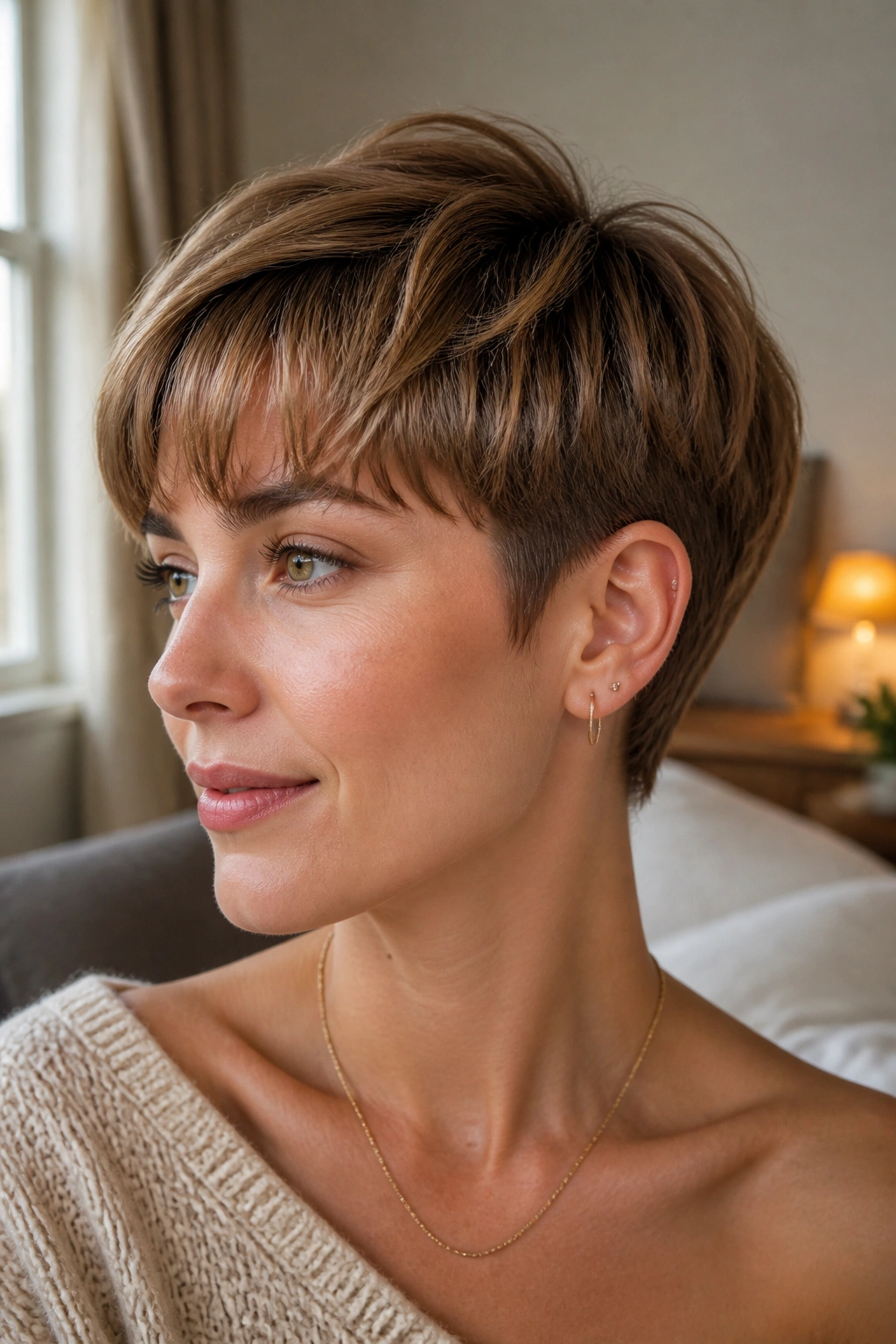 Close-up of a real woman with a soft bowl pixie and light fringe in a cozy bedroom with natural window light