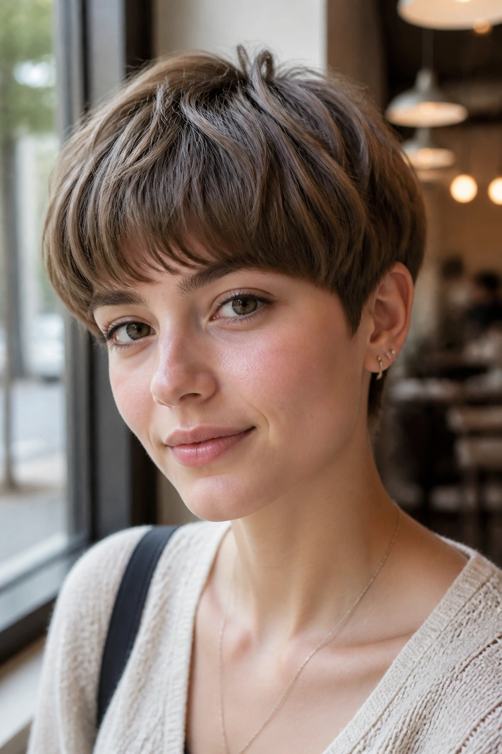 Close-up of real person with soft bowl pixie and rounded fringe