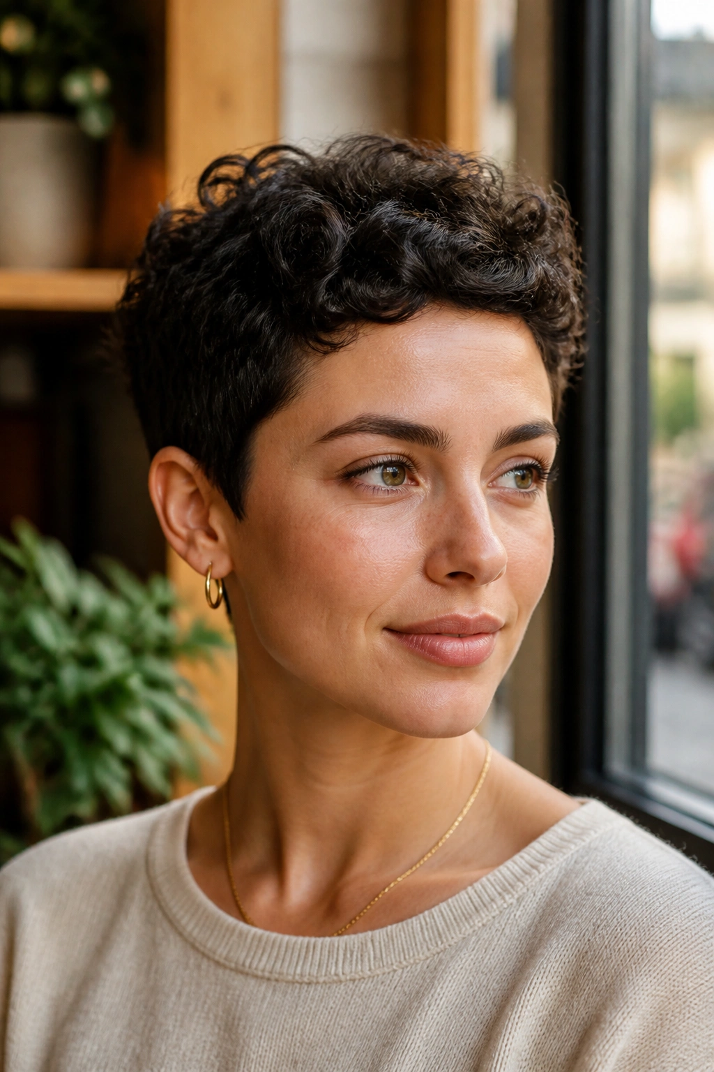 Close-up portrait of a real person with a soft boxy crop curly hairstyle