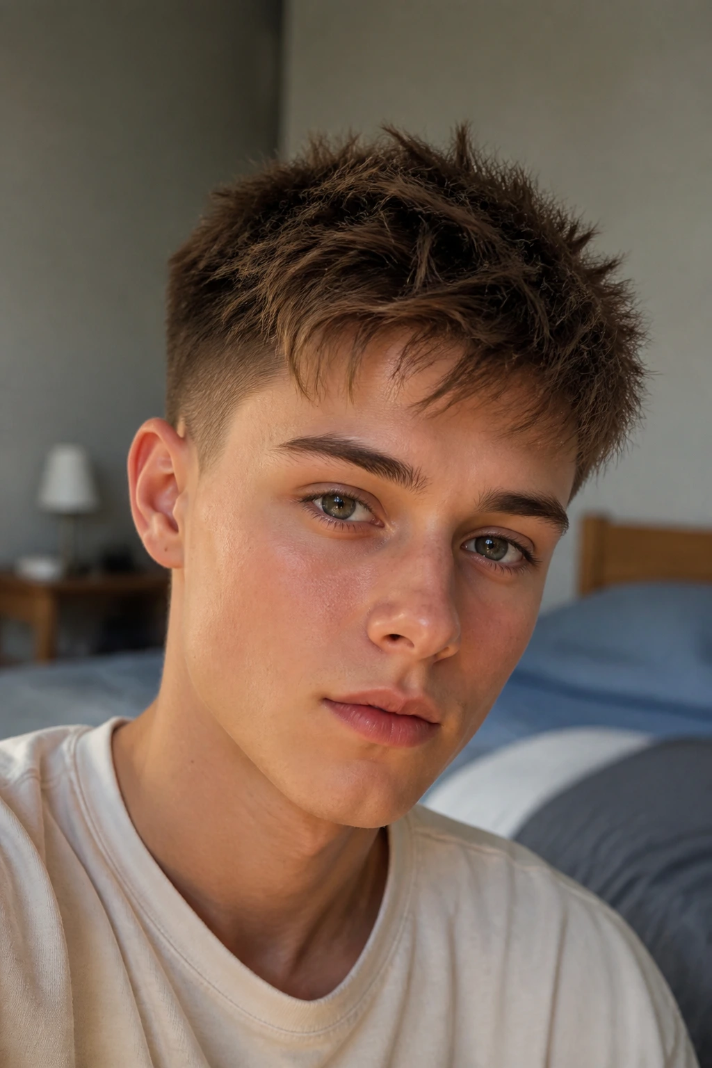 Close-up of a real person with a soft boyish crop and piecey top in natural light