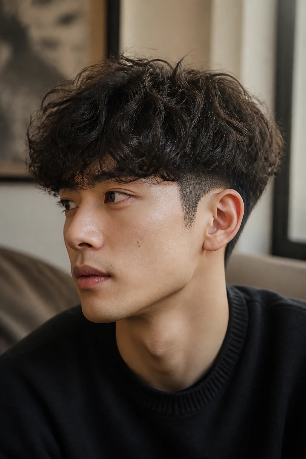 Close-up portrait of a real Asian man showing a soft broccoli cut with loose curls and tapered sides in warm window light.