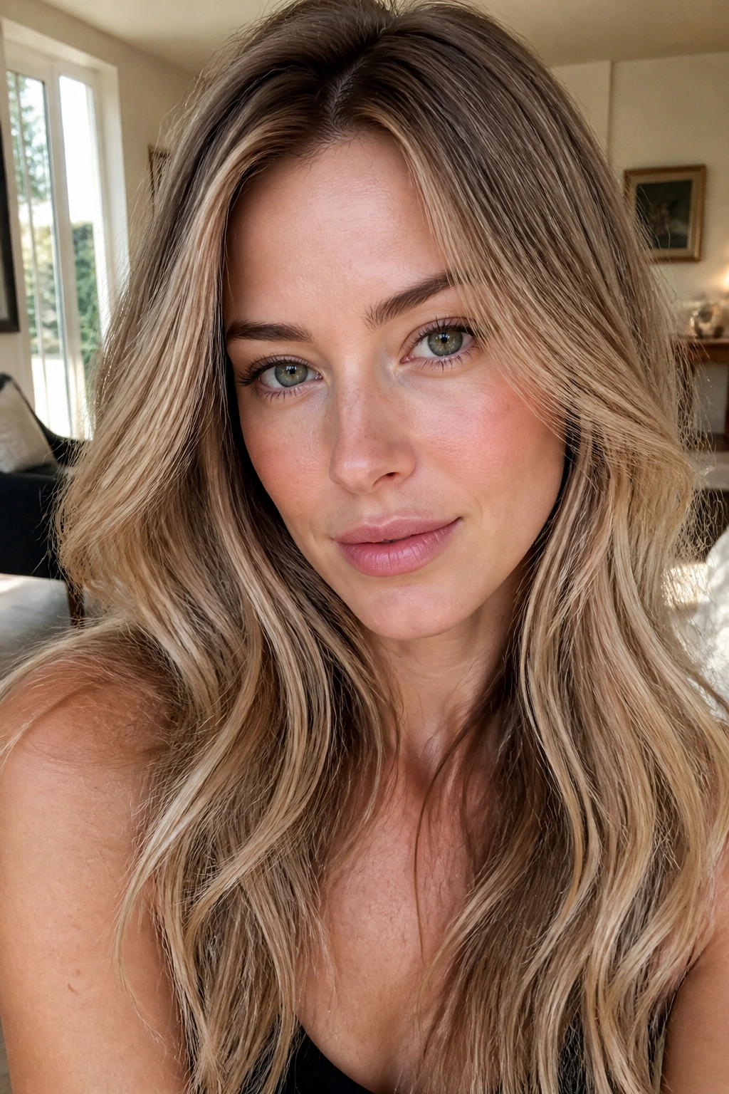 Close-up of a real woman with soft bronde hair on fair skin under natural window light