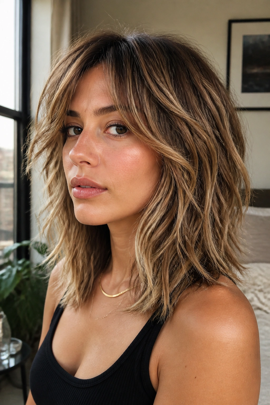 Close-up of a real woman with soft bronde brown mid-length shag hairstyle