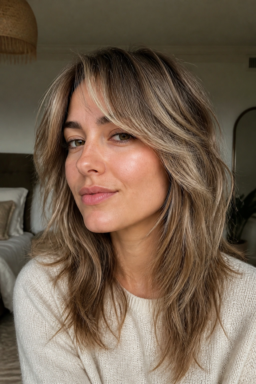 Close-up portrait of a real woman with soft bronde wolf cut on fine hair showing depth