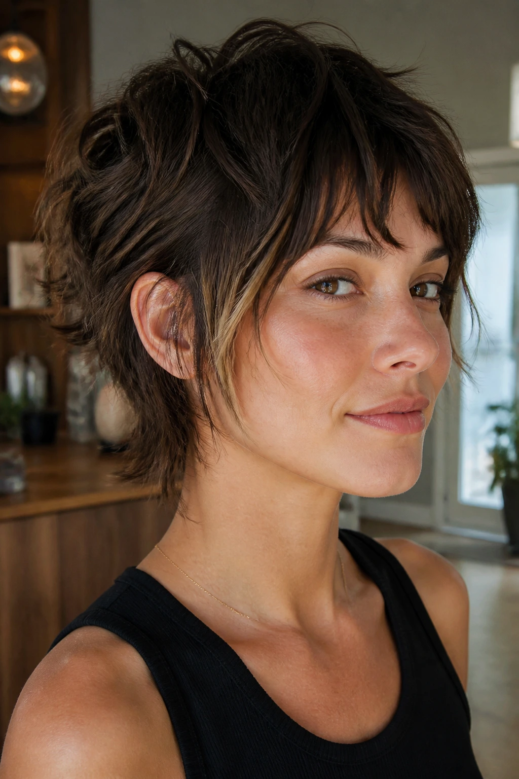 Close-up portrait of a real brunette woman with a soft piecey pixie wolf cut in a bright living space.