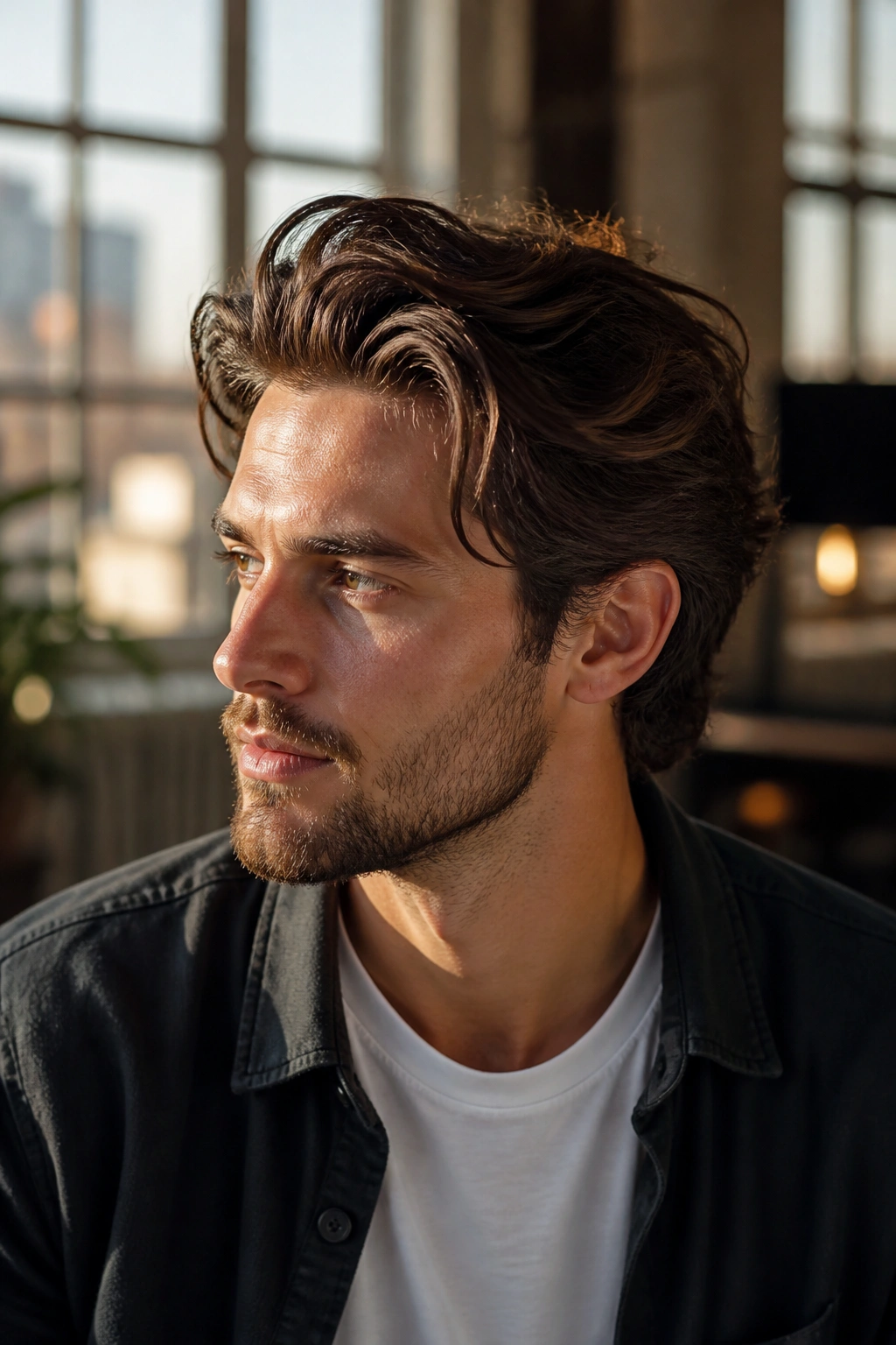 Close-up portrait of a real man with soft brush back hairstyle, hair swept back with natural lift