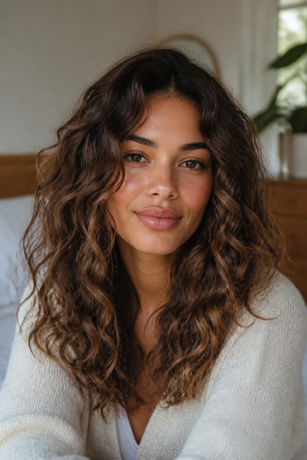 Close-up of a real woman with brushed-out soft waves