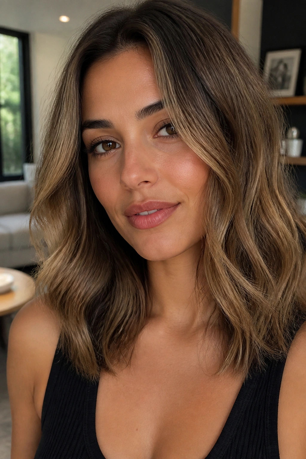 Real woman with brushed-out soft waves in modern living room