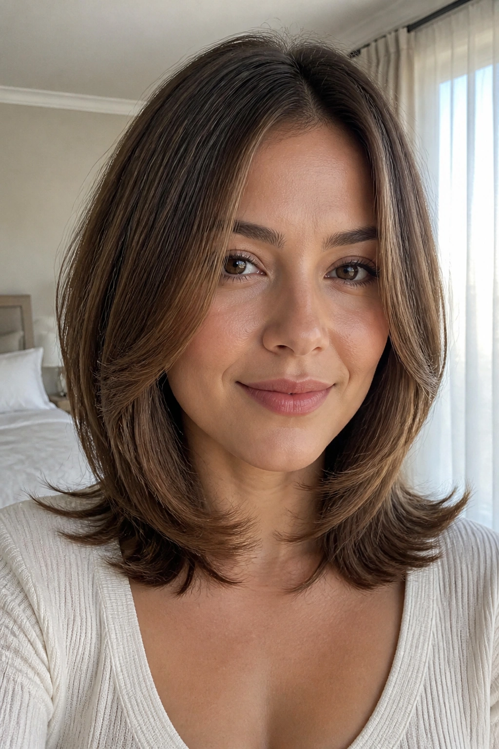 Close-up of a real woman with a soft C-cut framing the jaw.