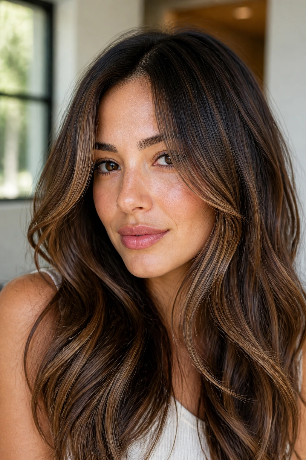 Portrait of a real woman with a soft C-cut around the face on long wavy hair
