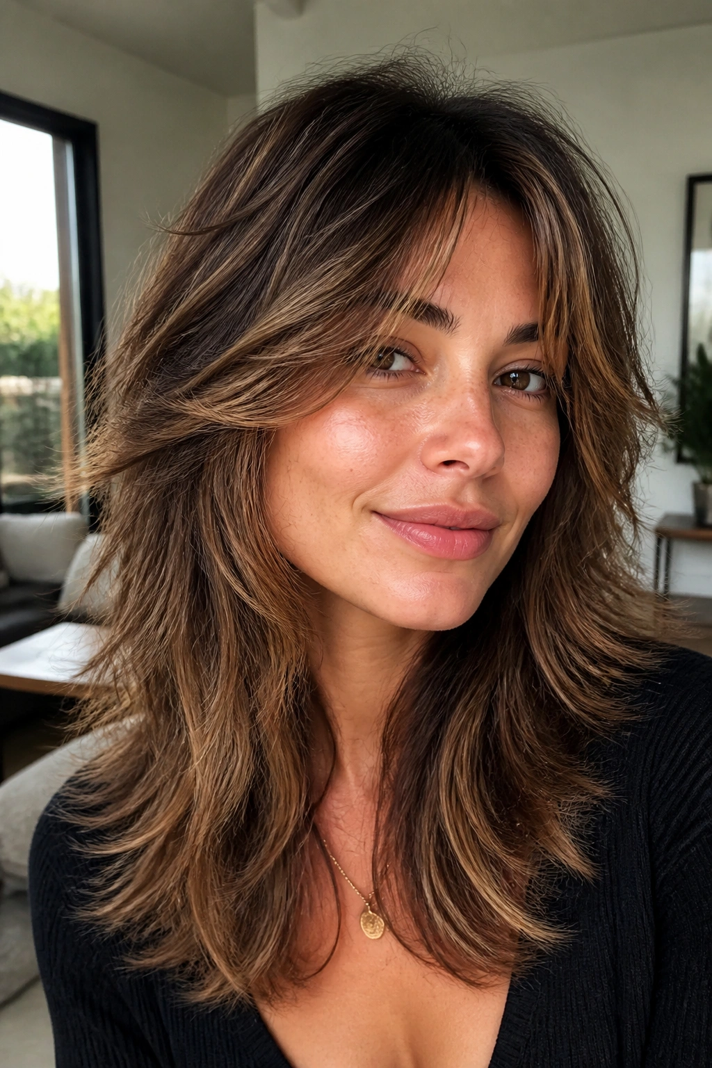 Close-up of a real woman with a soft caramel wolf cut with feathered layers in warm window light.