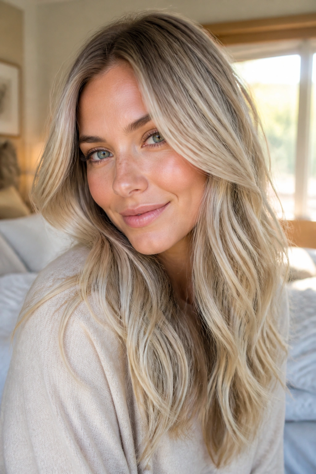 Close-up of a real woman with soft cashmere blonde hair under warm window light