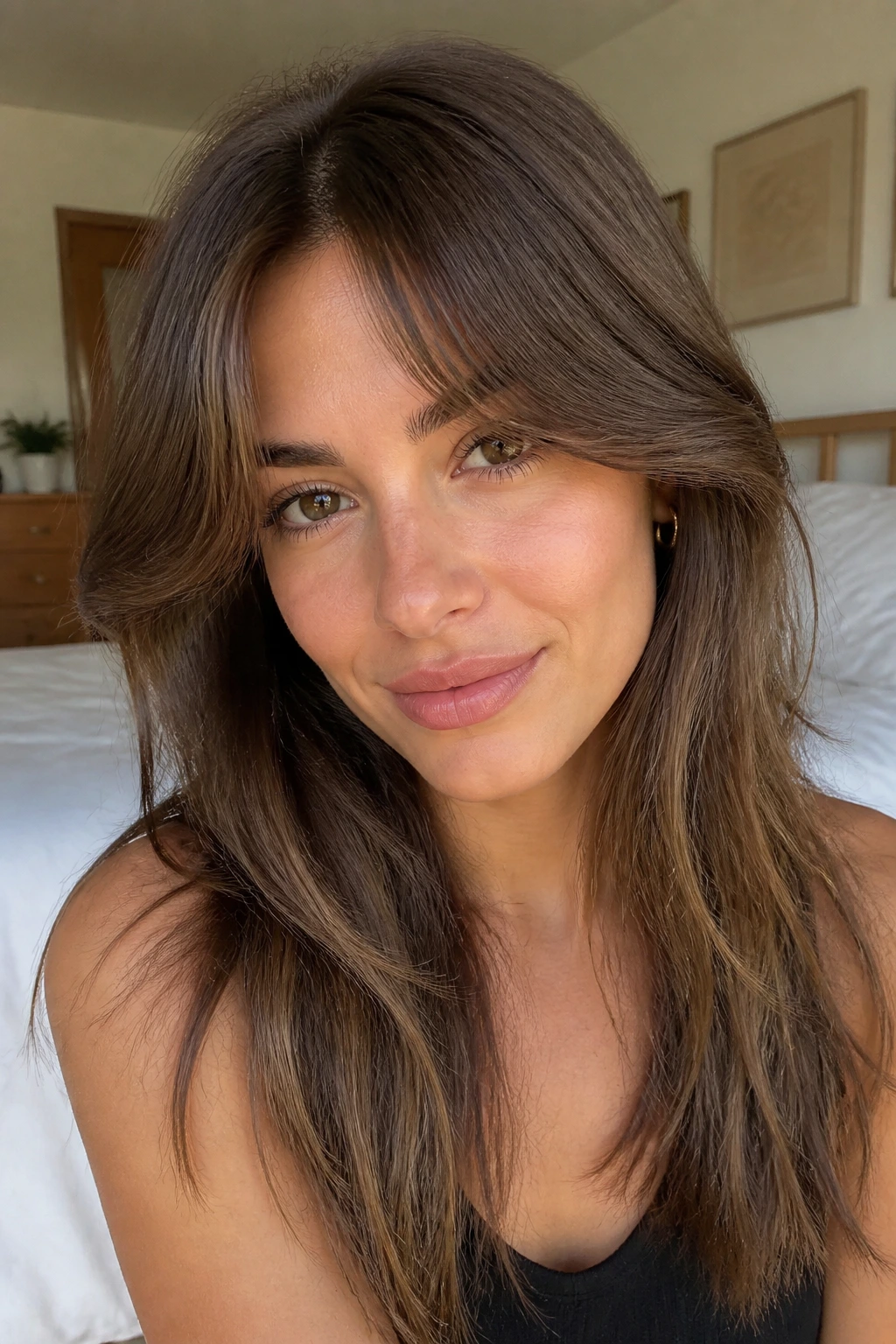 Close-up of a woman with soft center-part curtain bangs in warm bedroom light