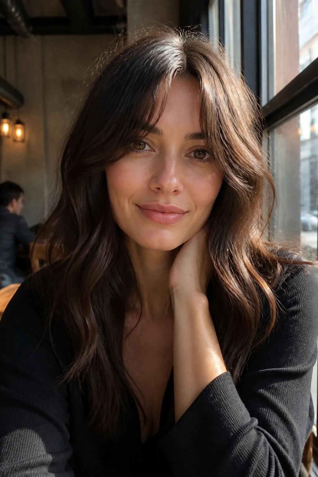 Close-up portrait of a real woman with a soft center-part fringe and textured waves