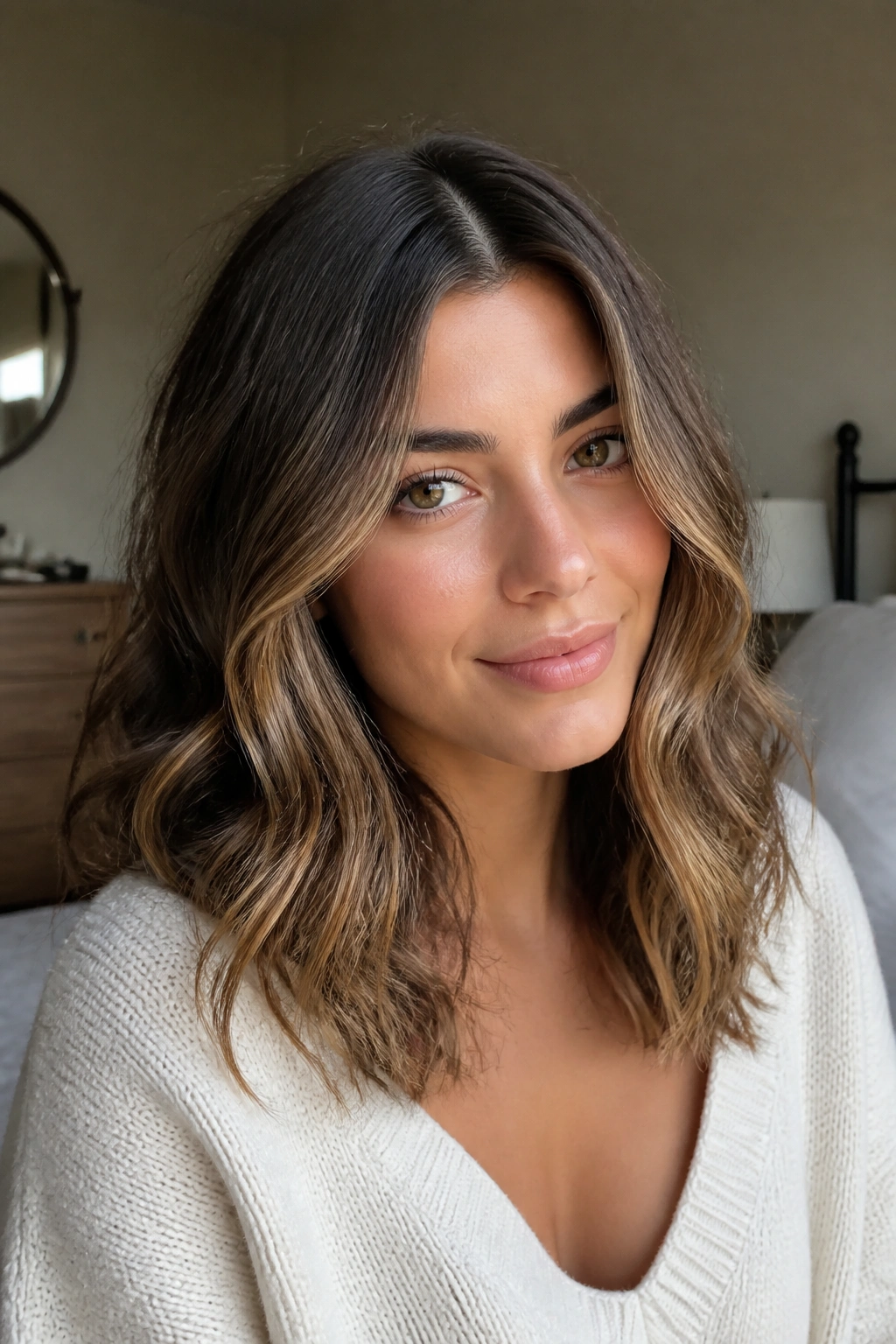 Close-up portrait of a real woman with a soft center-part and loose waves in natural window light.