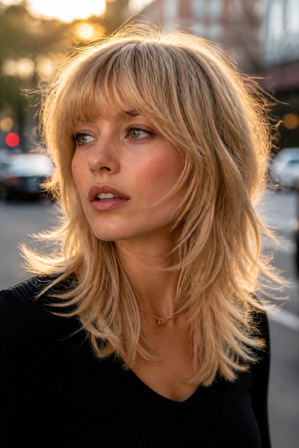 Portrait of a woman with soft champagne blonde wolf cut and rounded bangs on a city street